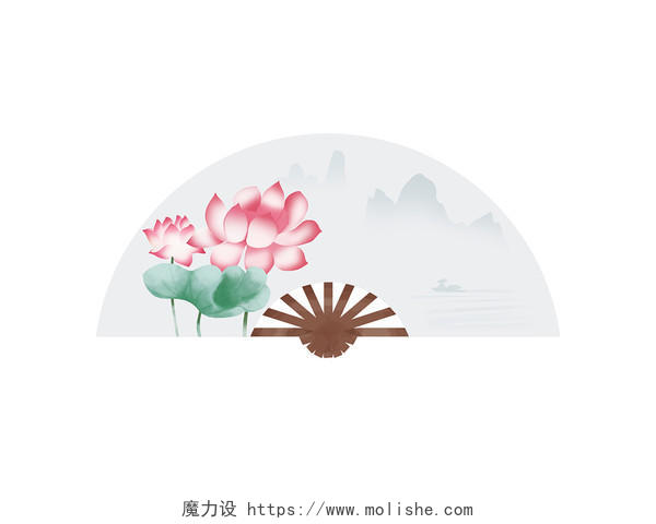 白色手绘古风中国风荷花扇子折扇元素PNG素材